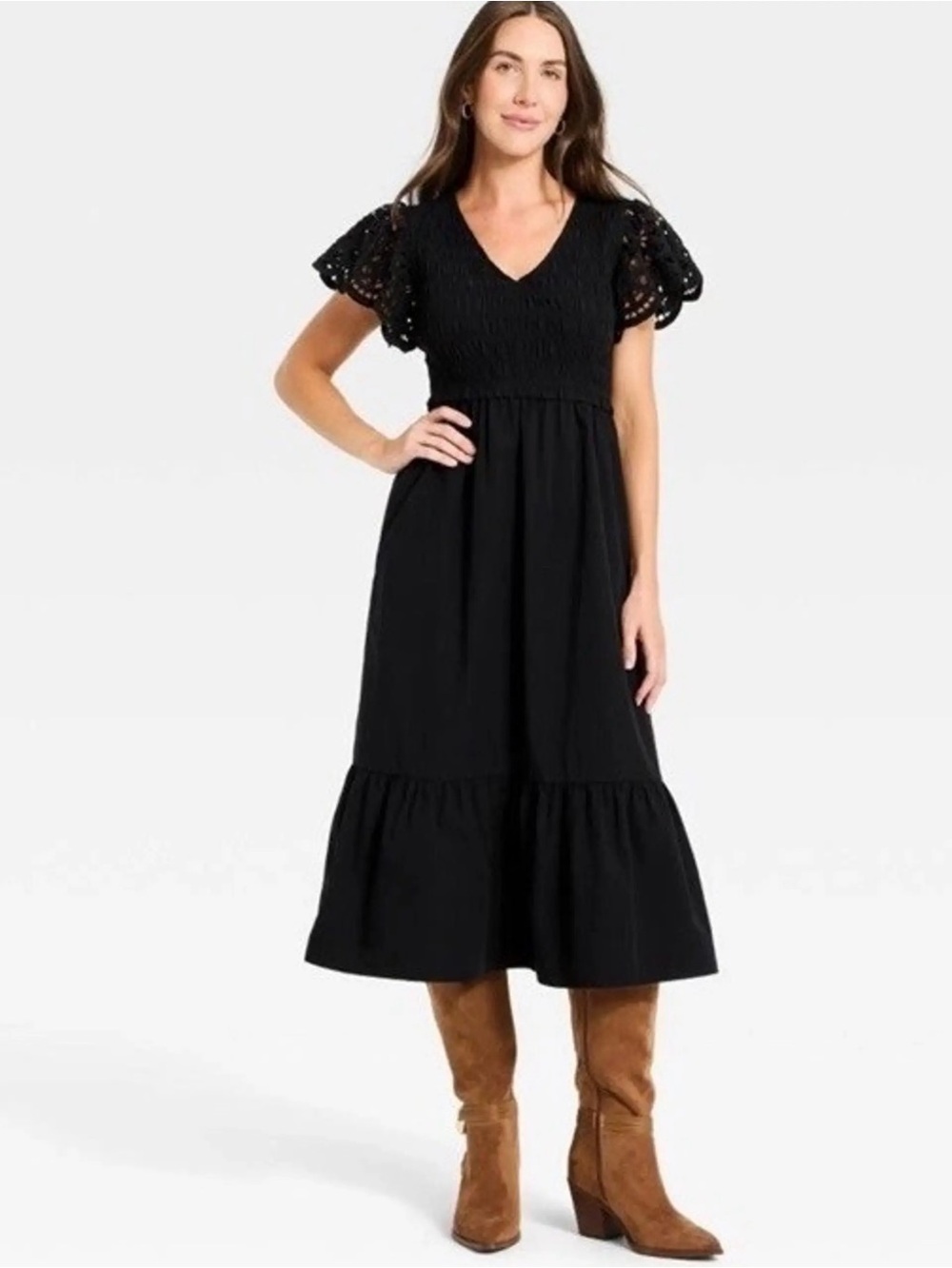Universal Thread Black V-Neck Tiered Smocked Midi Dress with Eyelet Sleeves